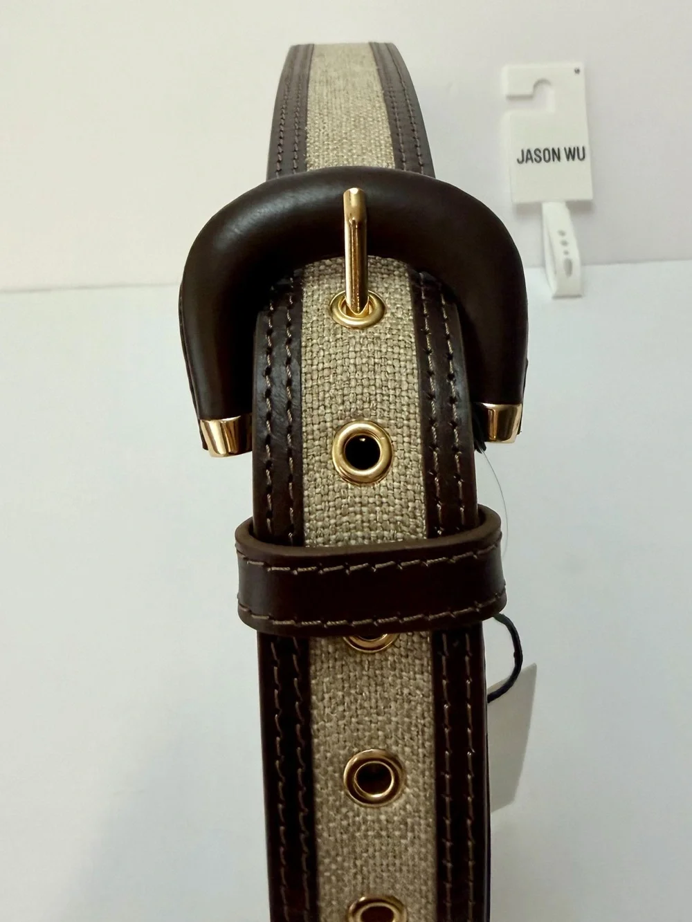 Jason Wu Beige Canvas Belt with Dark Brown Leather & Gold Hardware